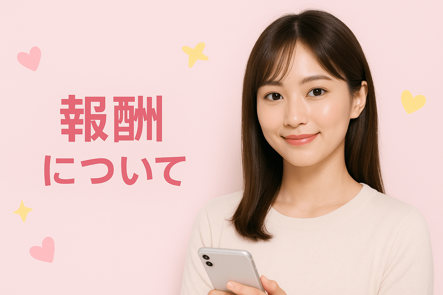 柔らかなピンク色の背景に「報酬について」と大きく書かれ、クリーム色のトップスを着た若い日本人女性がスマートフォンを手に微笑んでいる。背景にはハートや星のイラストが飾られている。