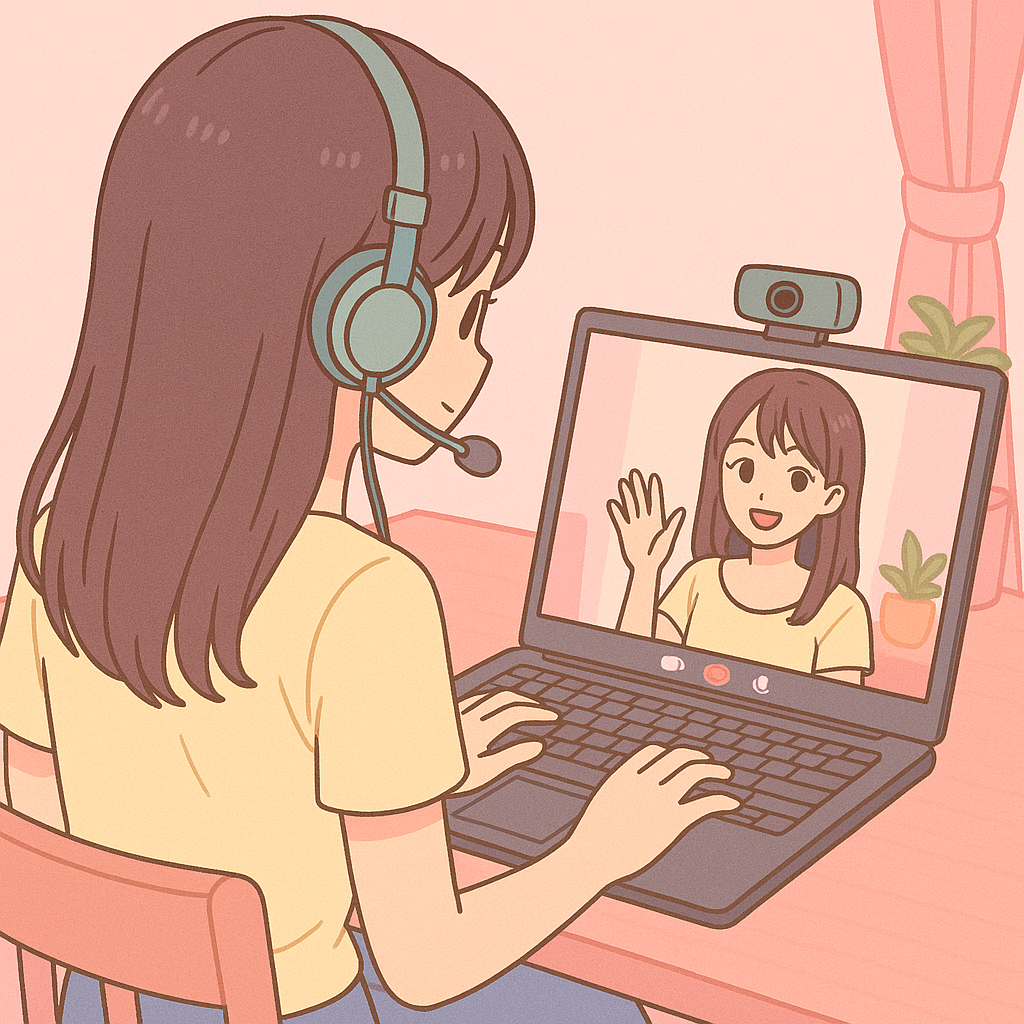 パステルカラーの可愛い部屋でチャットをするチャットレディの後ろ姿イラスト