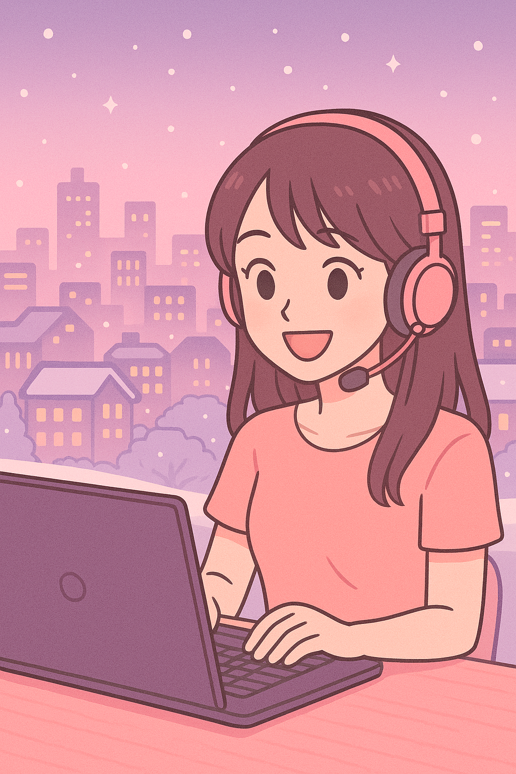 札幌の夜景を背景にパステルカラーで描かれたチャットレディがPCで会話するイラスト