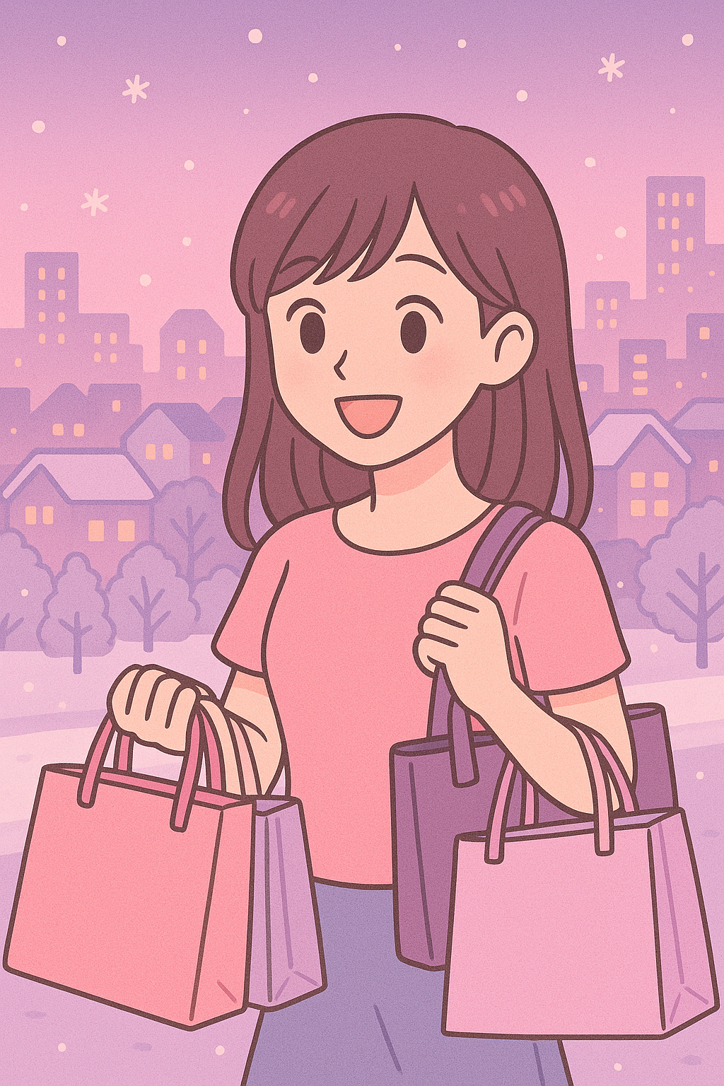 札幌の雪景色を背景に買い物を楽しむ女性のパステルイラスト