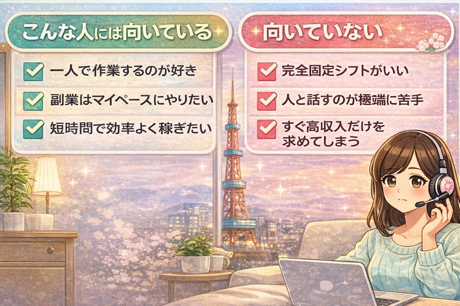 チャットレディに向いている人・向いていない人 チャットレディに向いている人と向いていない人の特徴を比較したイラスト