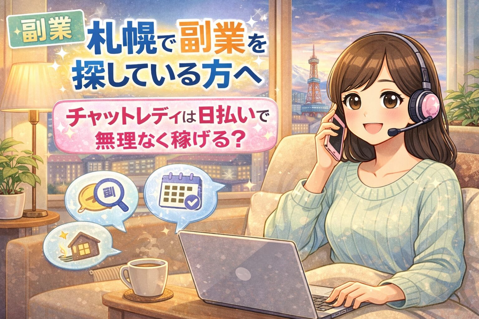 札幌で副業を探している方へ 札幌で副業を探している方に向けたチャットレディ紹介イラスト