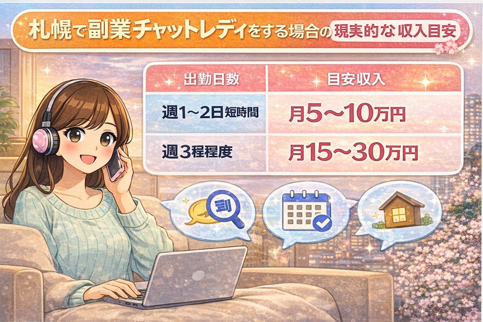 札幌で副業チャットレディをする場合の収入目安 札幌で副業チャットレディをした場合の現実的な収入目安を示したイラスト