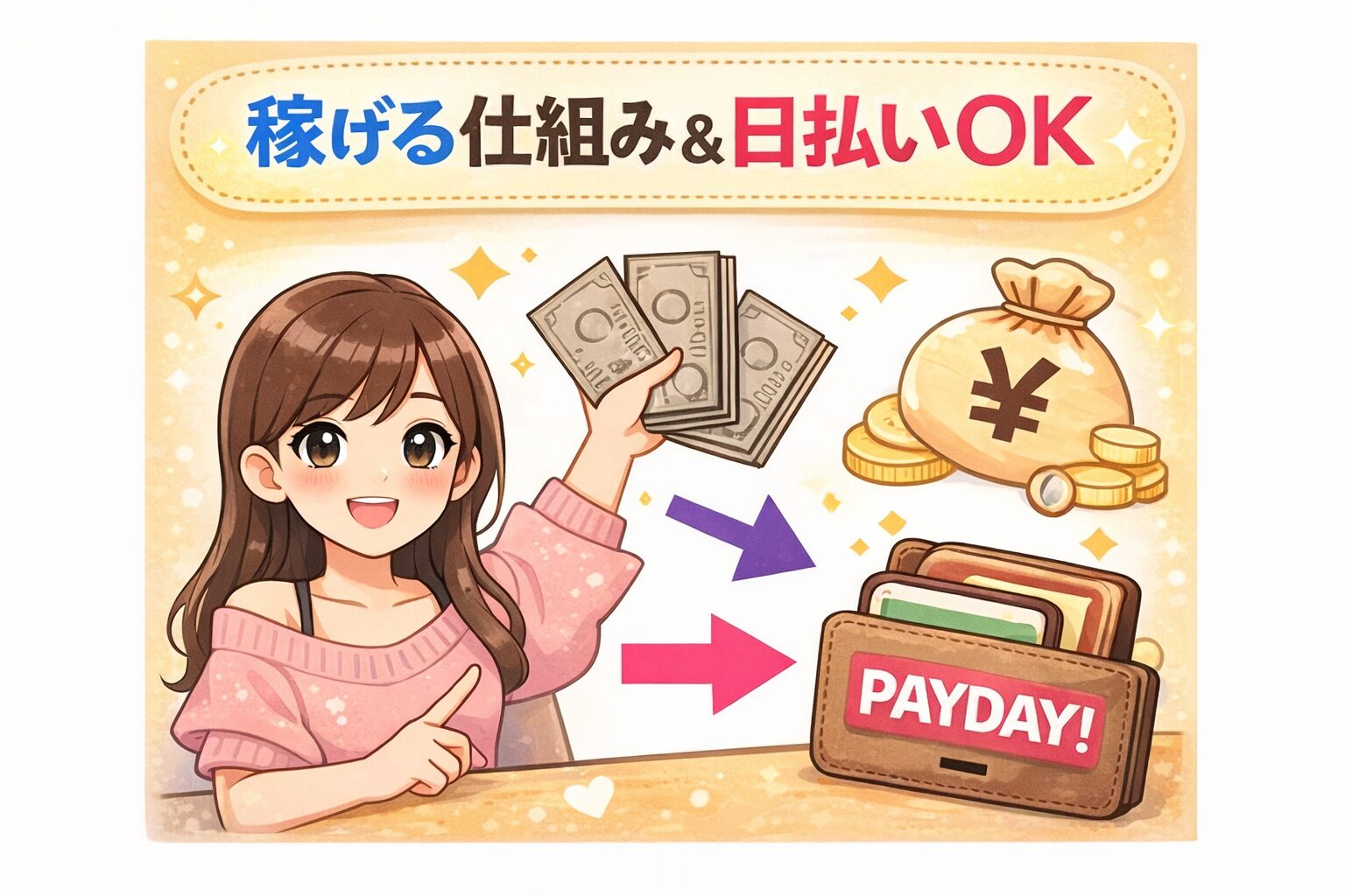 チャットレディの稼げる仕組みを説明するイラスト。報酬が発生し日払いで受け取れる流れをわかりやすく表現。