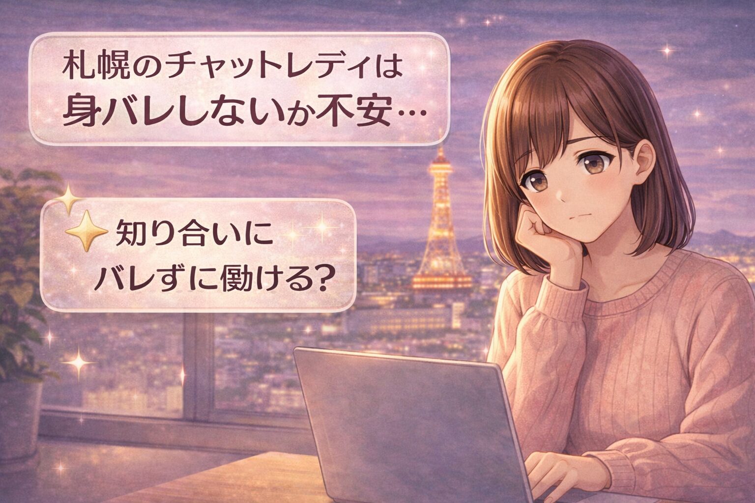札幌でチャットレディを検討する未経験女性が、身バレしないか不安に感じている様子のイラスト