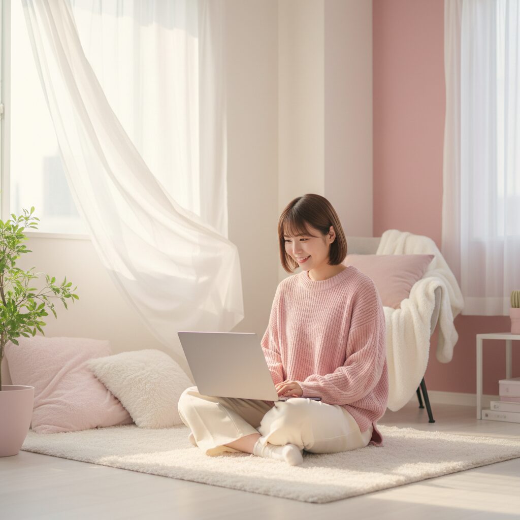 札幌でチャットレディを始めようとノートパソコンで情報を調べる笑顔の女性｜シーポット（C-pot）