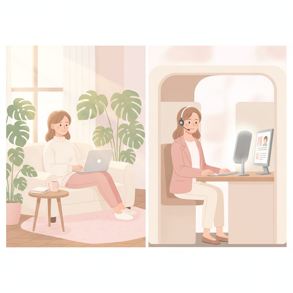 在宅と通勤の働き方を比べる女性のイラスト
