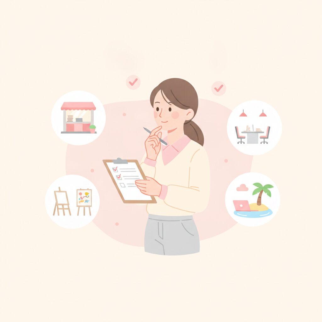 事務所をチェックリストで選ぶ女性のイラスト