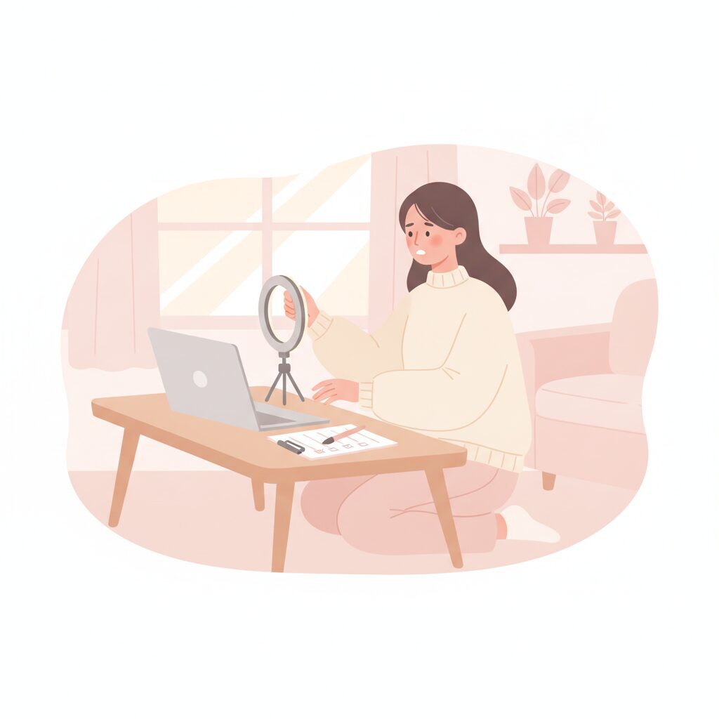 在宅で初配信の準備をする女性のイラスト