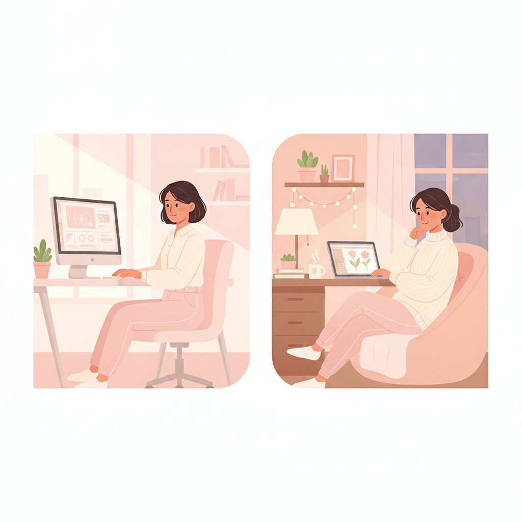 本業や家庭と両立しながら自分のペースで配信の仕事をする女性のイラスト