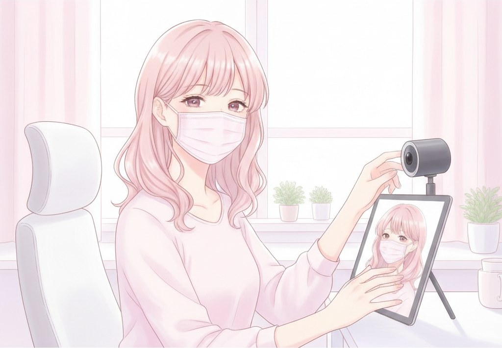 マスクとウィッグをつけた女性が、明るい個室でカメラの角度を確かめながら映る範囲を決めているイラスト|シーポット(C-pot)札幌チャットレディ
