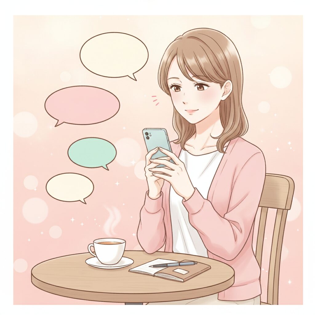 カフェでスマホを見ながら、たくさんの口コミを見比べて考えている女性のイラスト|シーポット(C-pot)札幌チャットレディ